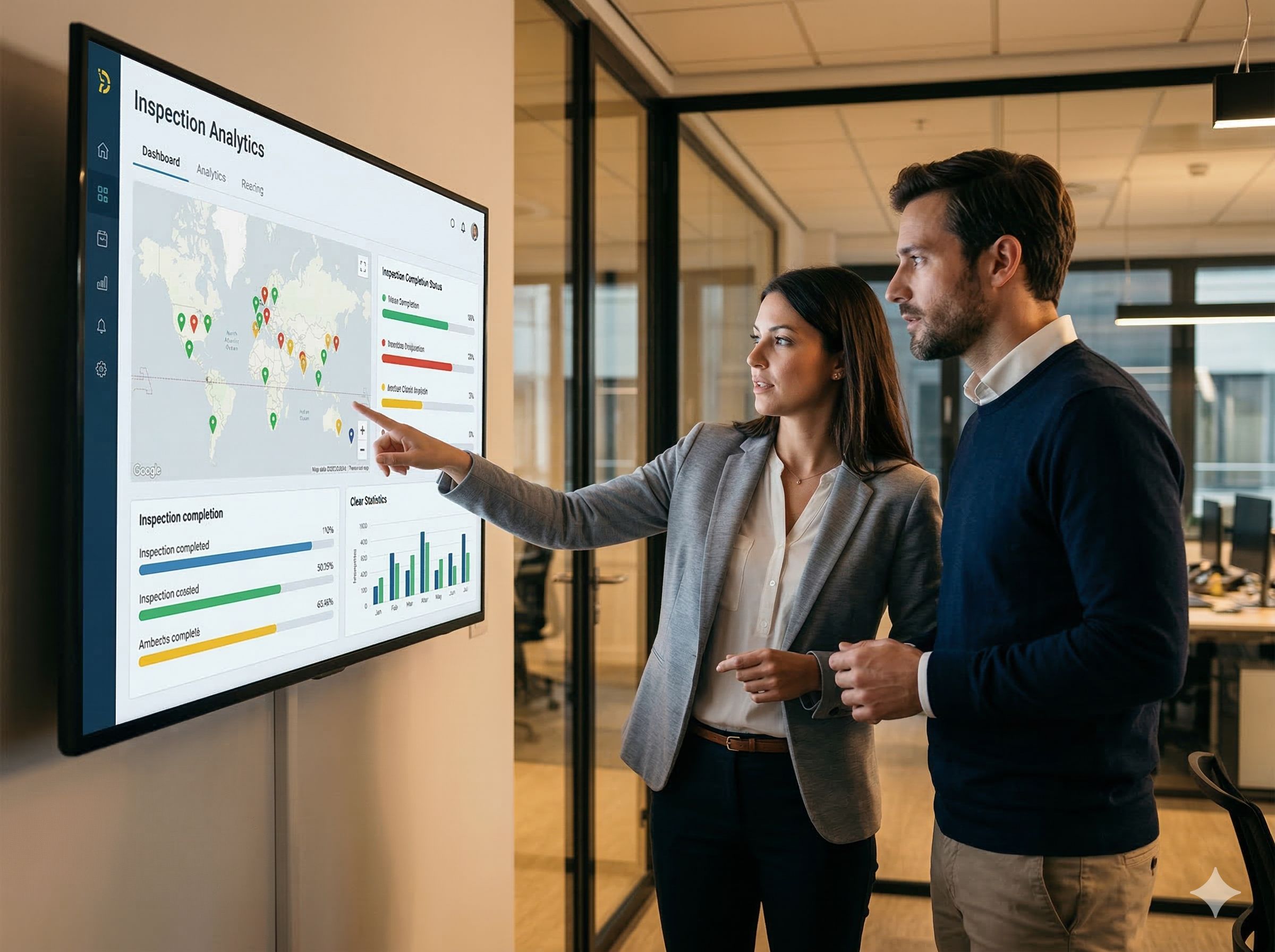 Team viewing inspection dashboard on large screen