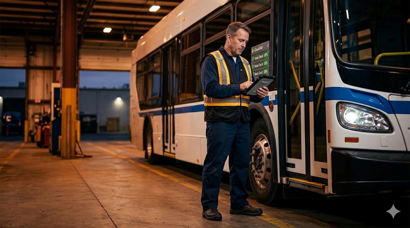 Inspector with tablet during vehicle inspection