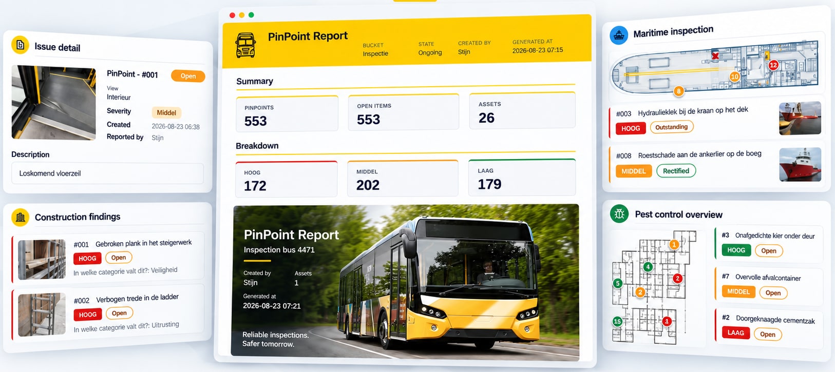 Vier rapportvormen naast elkaar: een busrapport met samenvatting en bevindingen per ernst, een maritieme inspectie met punten op een scheepsplan, bouwbevindingen met foto's, en een plaagdieroverzicht op een plattegrond