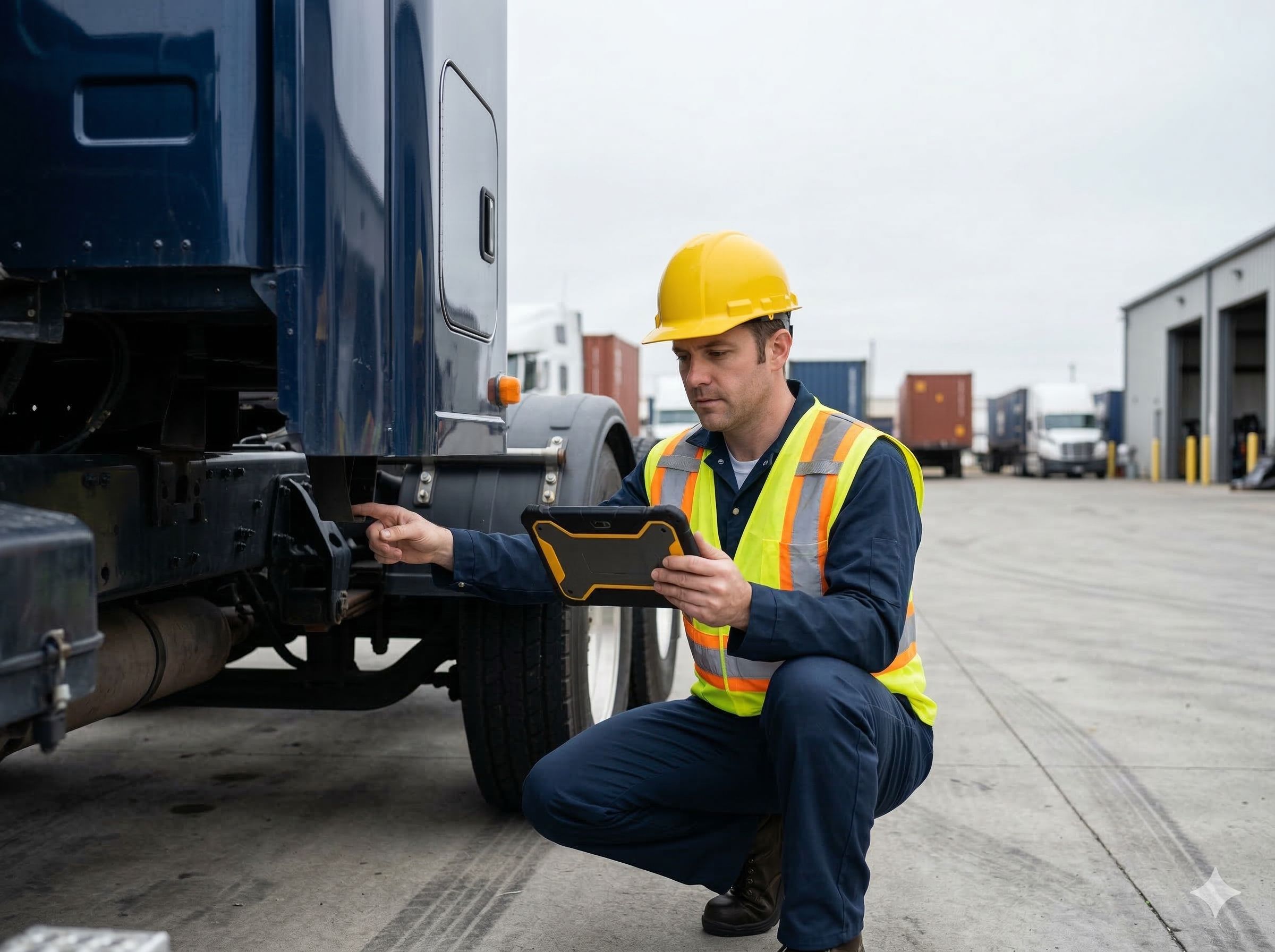Inspector with tablet inspecting a truck